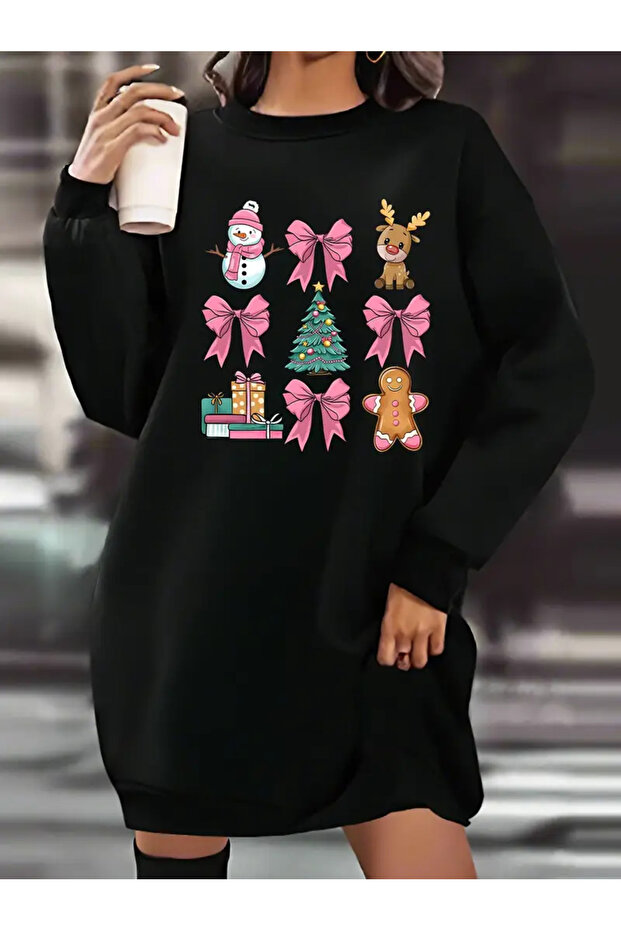 Women's Christmas Patterned Black Oversized Sweatshirt Dress