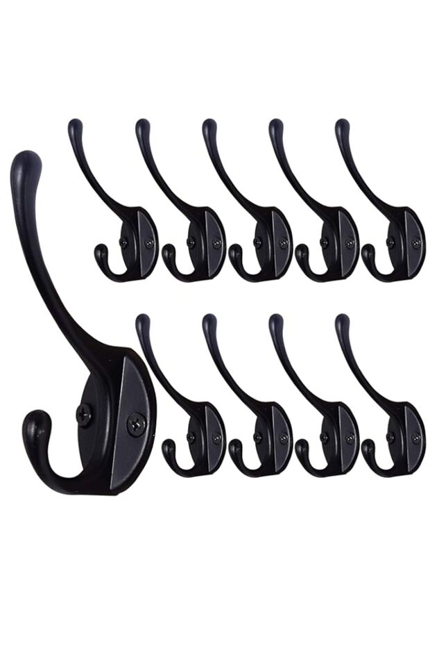 Dseap Coat Hooks 10 Packs: Heavy Duty Metal Double Coat Rack Hook, Wall Hooks for Hanging Coats Towel Robe Hat Backpack Clothing 26g