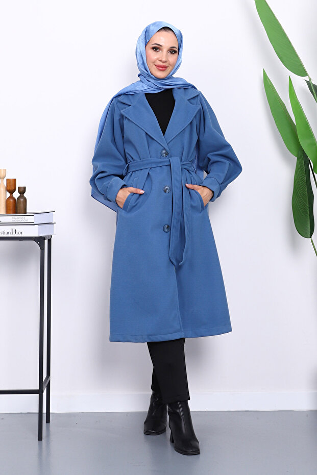Indigo Balloon Sleeve Waist Belted Cashmere Coat