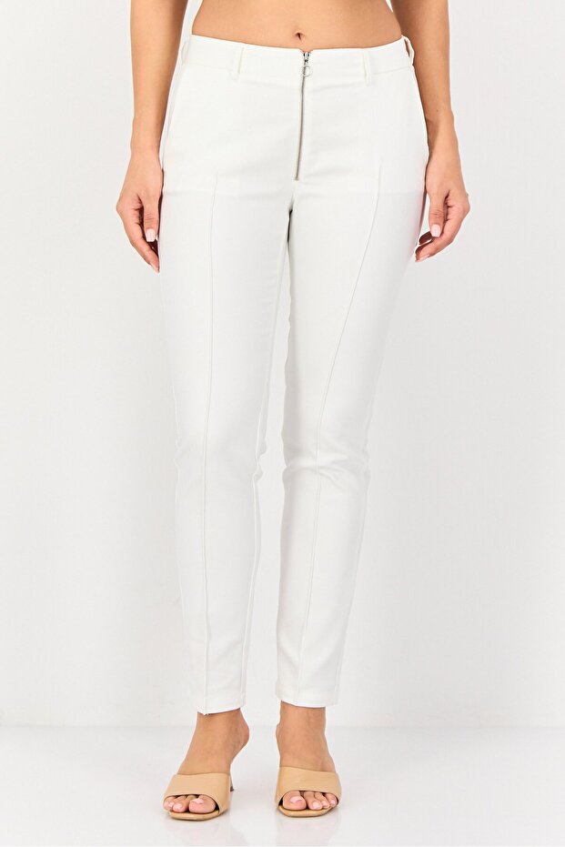 Women Cigarette Fit Solid Dress Pants, White