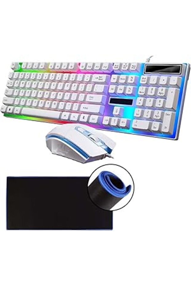 Gaming Keyboard and Mouse Set with RGB Backlight and Mouse Pad, White - 1