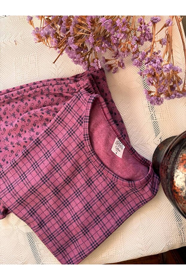 Plaid Patterned Long Sleeve Women's Pajama Set 2 Thread Winter Cotton Fabric