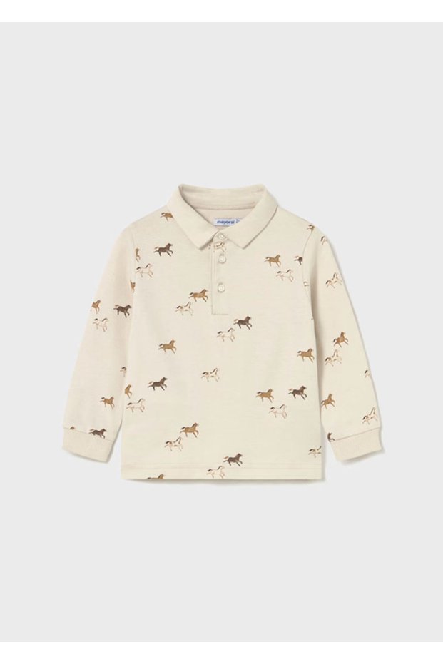 02102-75 Cream Polo-Long Sleeve Printed