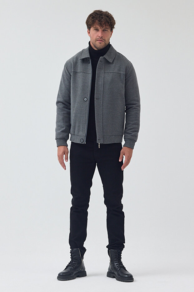 Men's Gray Color Slim Fit Zippered Quilted Cashmere Coat