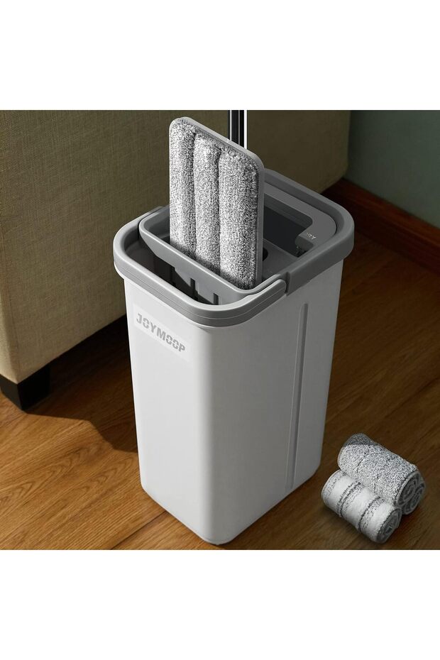 Flat Mop and Bucket with Spinner, with 3 Washable Microfiber Wipes - Wet & Dry Use, Floor