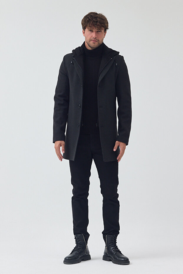Men's Anthracite Color Slim Fit Zippered Half Quilted Hooded Cashmere Coat