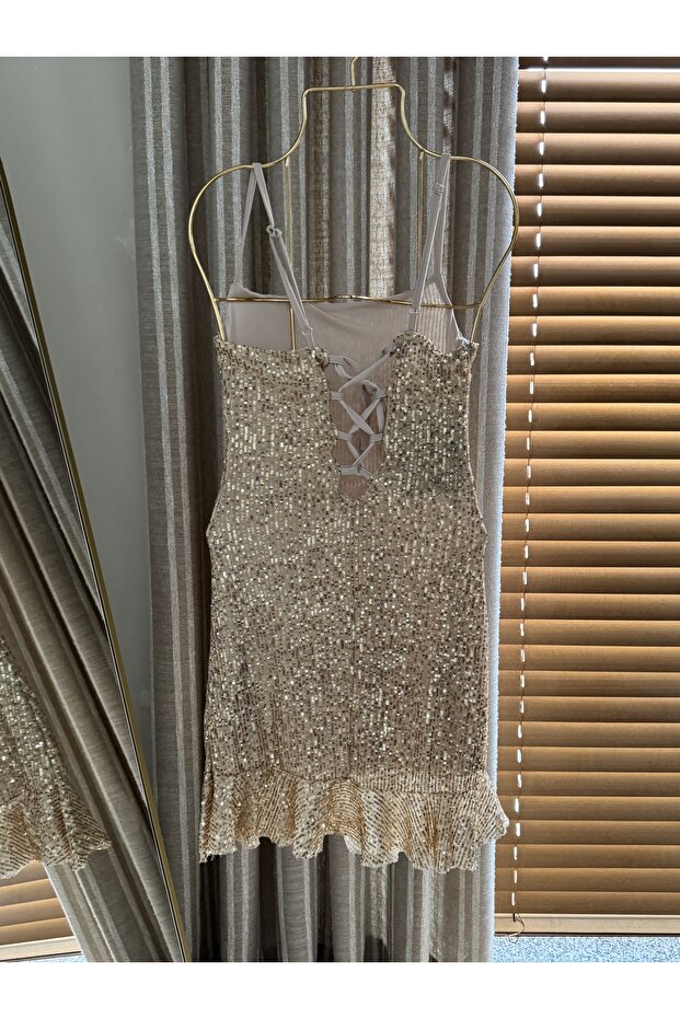 Gold payetli mini elbise - 4