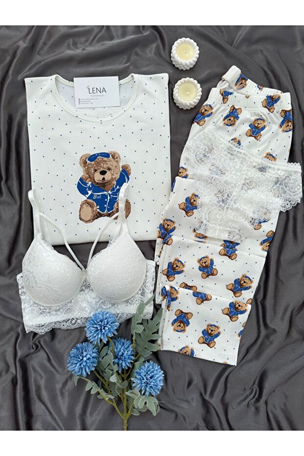 Women's Patterned Berlin Ribbed Knit Pajama Set with Underwear