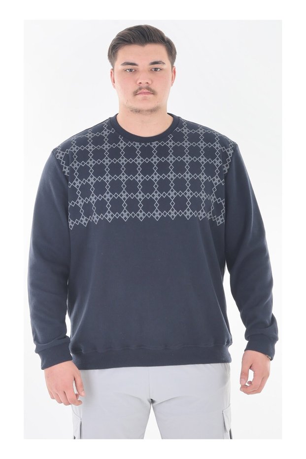 Men's Large Size Suitable for 122 Kg-158 kg Wide Fit Crew Neck Cotton Thessaloniki Sweatshirt Navy Blue