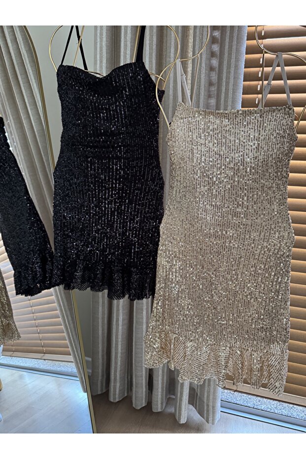 Gold payetli mini elbise - 6