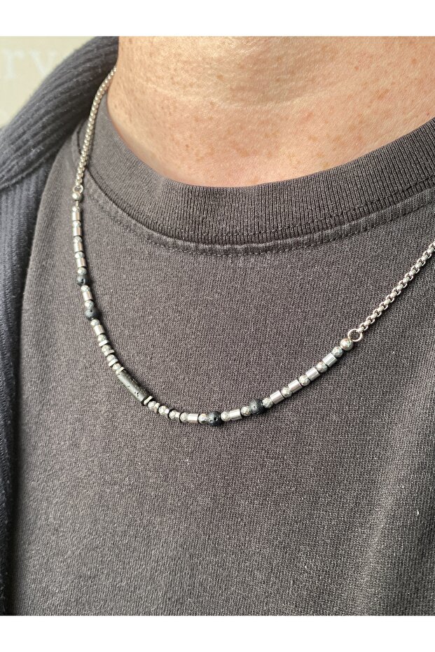 Stainless Steel Chain Men's Necklace Natural Stone Mixed Model