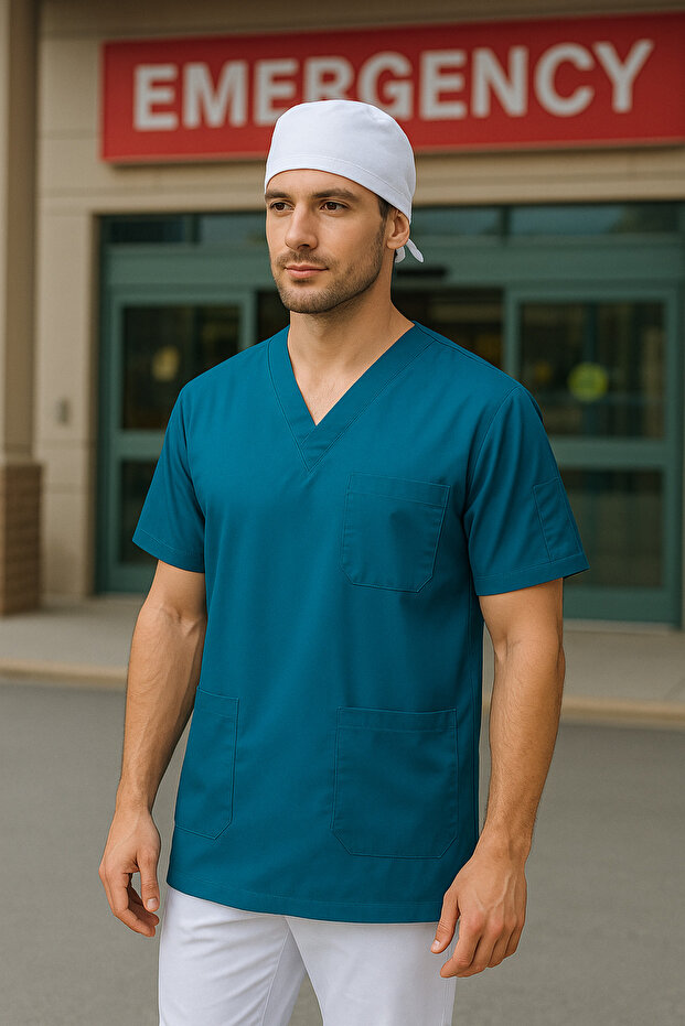 Set of 2 Men's Emergency Paramedic Workers Medical Uniform Single Top Scrubs White Surgical Cap with Gift