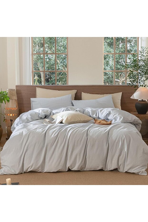 طقم غطاء لحاف مطاطي رفيع باللون الرمادي مزدوج الحجم - 5