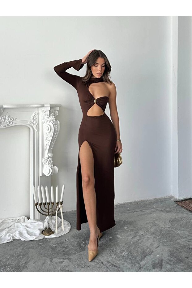 Derin yırtmaçlı Kahverengi elbise Gece after party elbisesi - 3