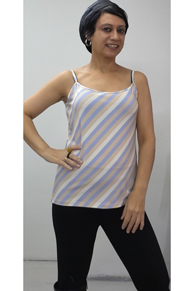 Blue Cream Latte Striped Rope Strap Combed Viscose T-Shirt