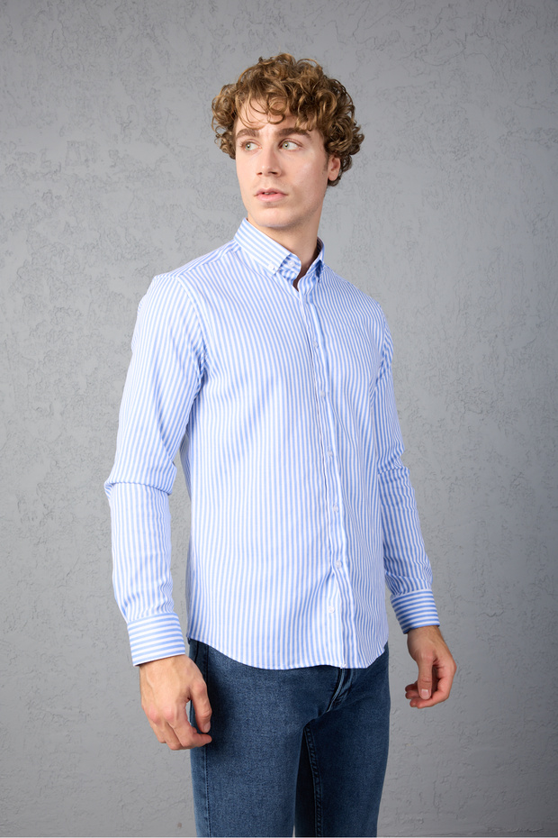 Blue-White Striped Cotton Lycra Slim Fit Men's Shirt