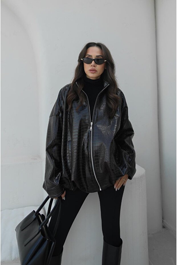 Bitter Brown Croco Pattern Leather Jacket - 2