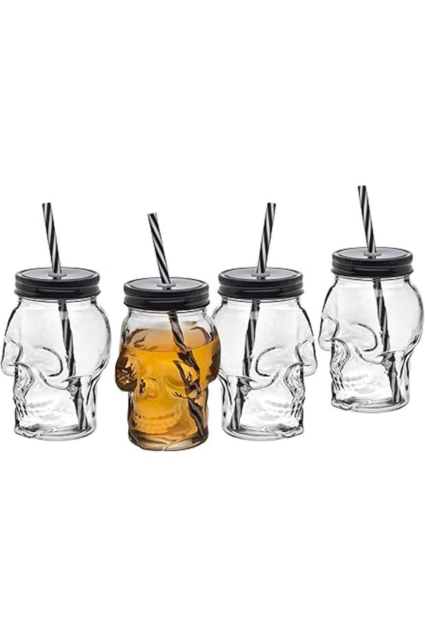 Skull Mason Jar Mug Glass Tumbler with Cover and Straw 16oz Set of 4 Halloween Drinking Glasses