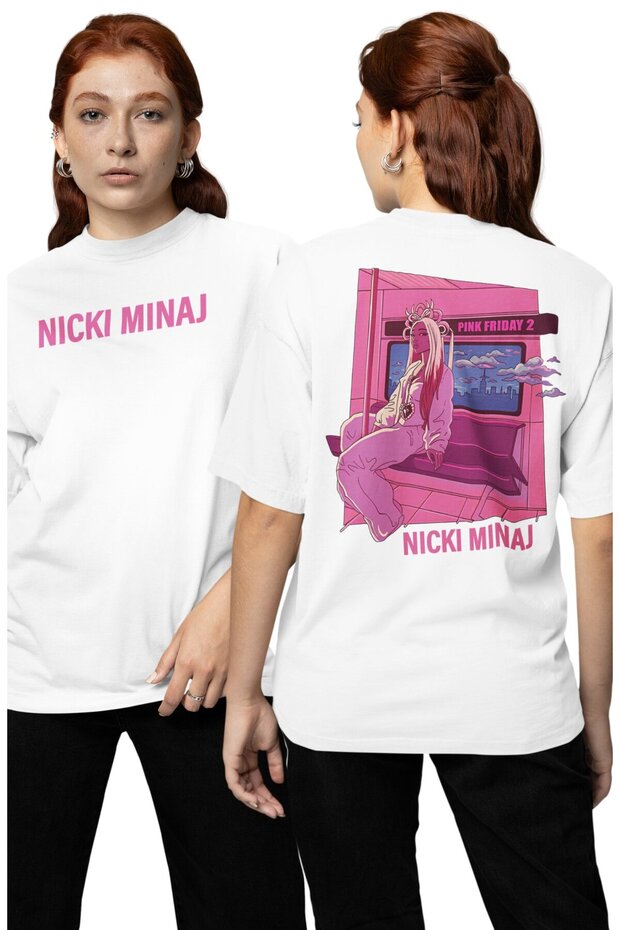 تي شيرت للجنسين من Pink Friday 2 Back مطبوع، تي شيرت قصة فضفاضة ذو طابع بينك نيكي ميناج