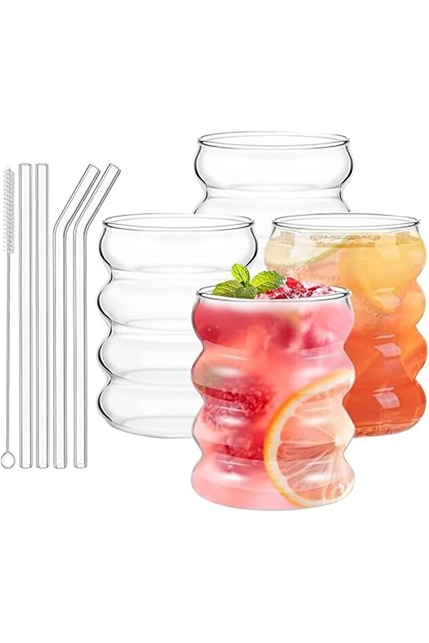 Clear Glass Coffee Cups Set of 4 – 13.5oz Soda, Milkshake, Juice Cups with Straw