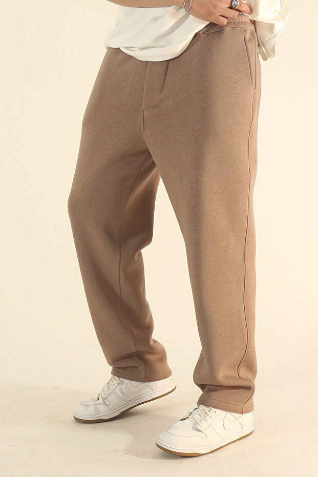 Men's Brown Baggy Winter Wool-Lined Puff Fabric Wide-Leg Sweatpants