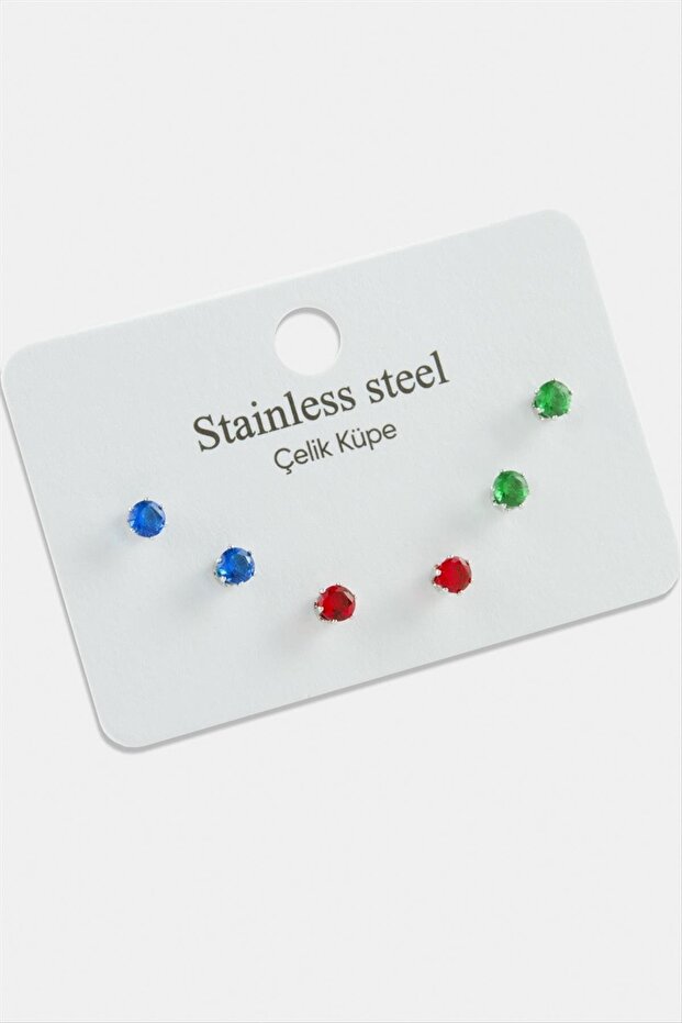 6 Pcs Round Colorful Zircon Single Stone Steel Earrings