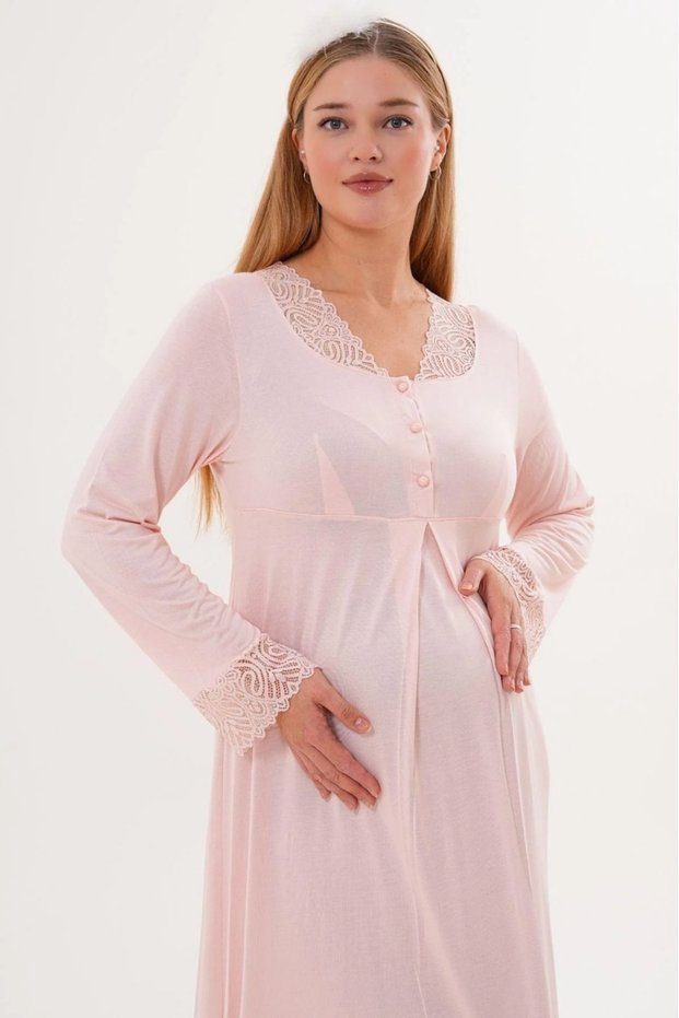 Women's Powder Lace Long Sleeve Special Design Maternity Nightgown with Hidden Nursing Feature