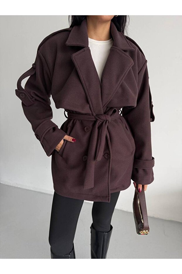 Lined Buttoned Waist-Tied Women's Cashmere Trench Coat