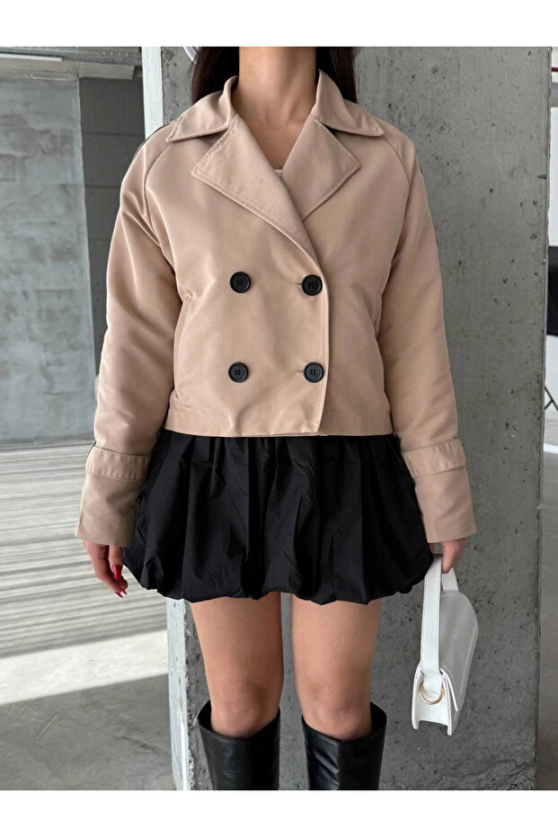 Çift Düğmeli Kısa Trenç Vizon - 7