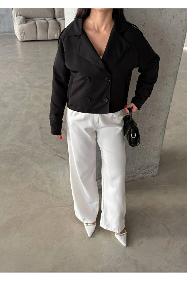 Çift Düğmeli Kısa Trenç Siyah - 6