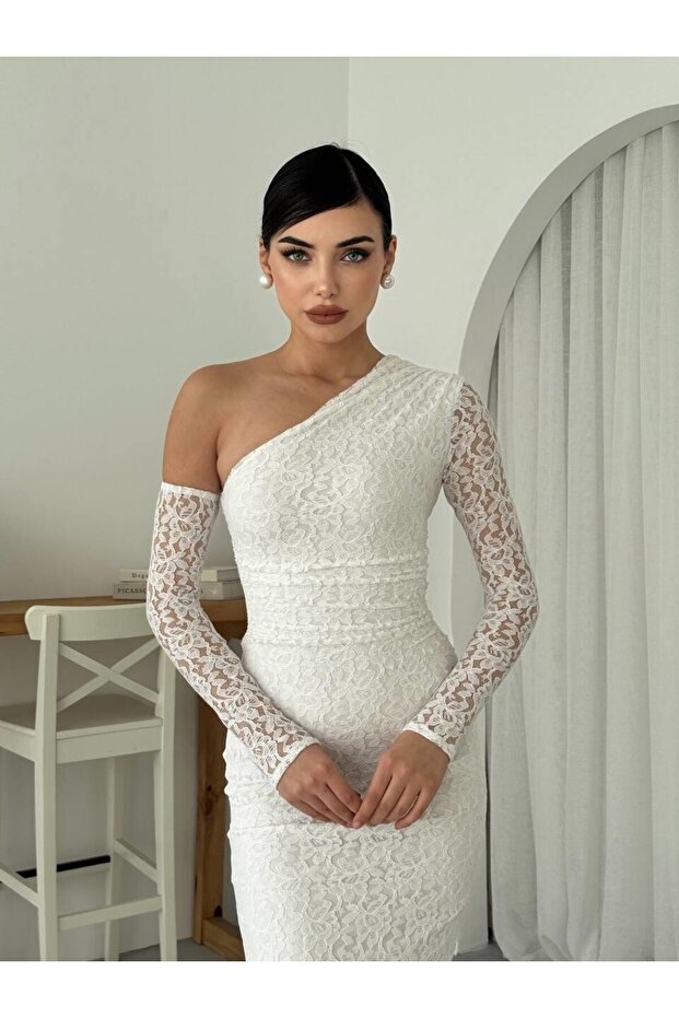 Bees Tek Omzu Açık Dantel Midi Elbise - 7