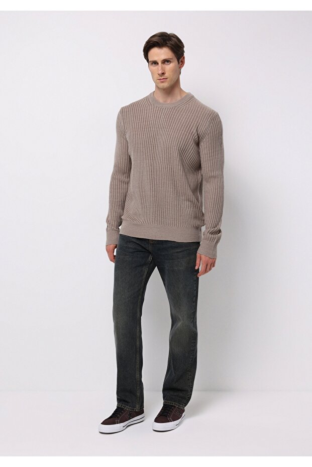 Regular Fit Yuvarlak Yaka Jakarlı Erkek Bej Kazak - 3