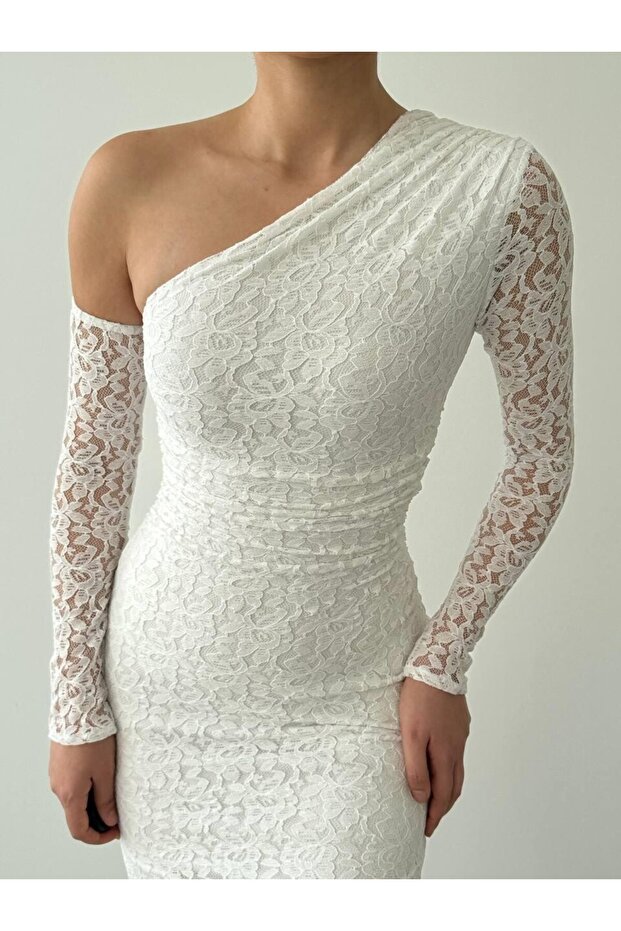 Bees Tek Omzu Açık Dantel Midi Elbise - 8