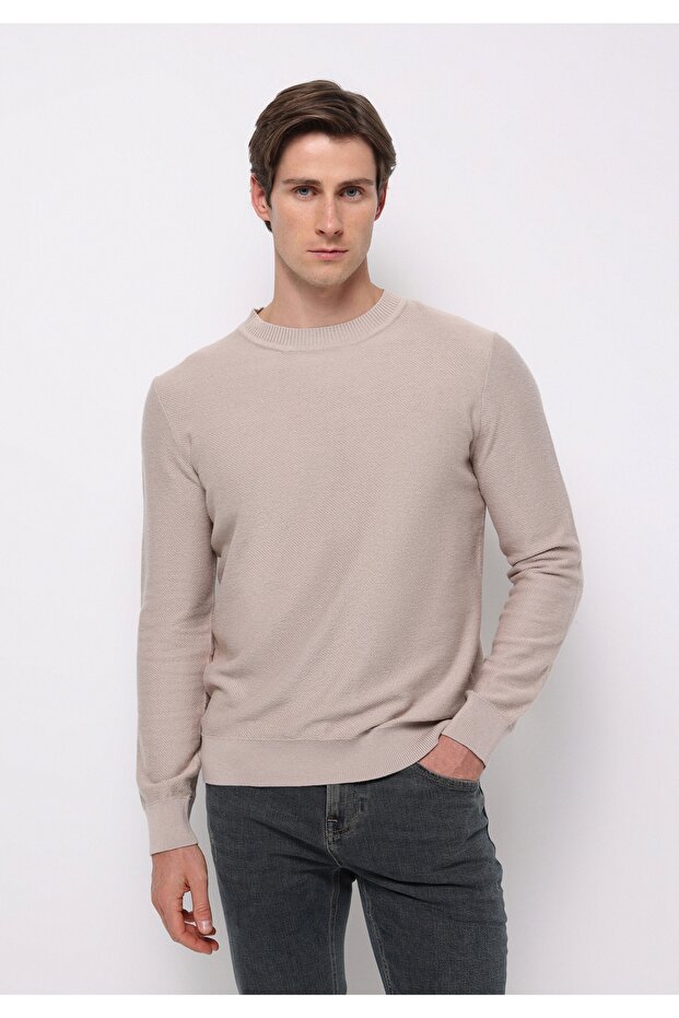 Regular Fit Yuvarlak Yaka Jakarlı Erkek Bej Kazak - 1