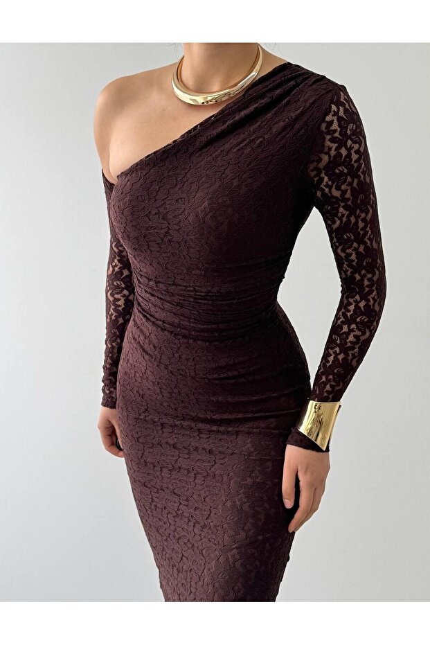 Bees Tek Omzu Açık Dantel Midi Elbise - 8