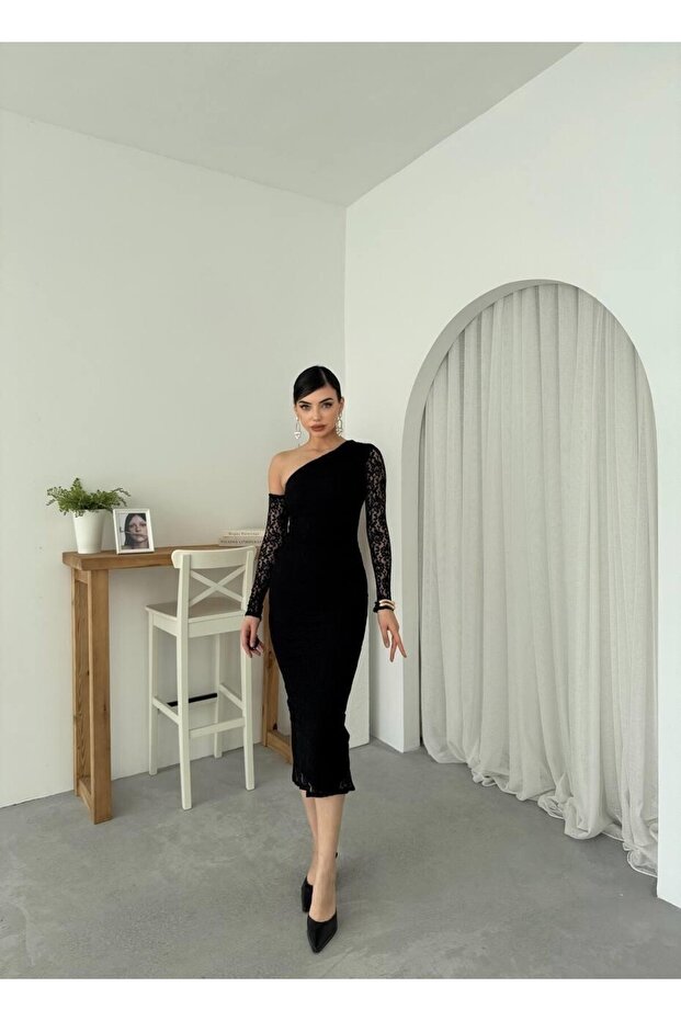 Bees Tek Omzu Açık Dantel Midi Elbise - 6