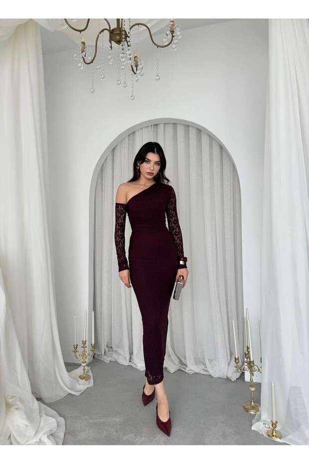 Bees Tek Omzu Açık Dantel Midi Elbise - 6