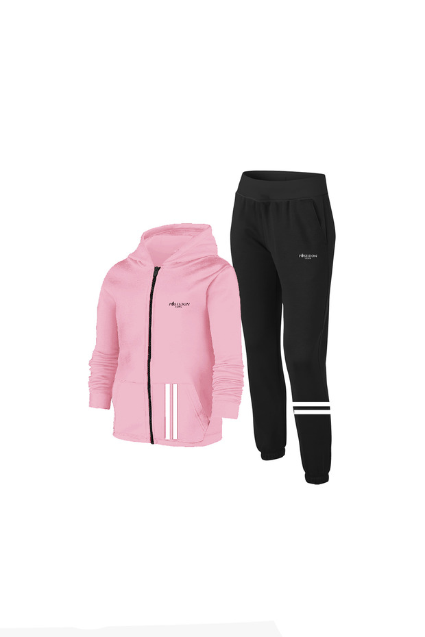 Girl's Powder Daily Sports Tracksuit Set 104Cm-176Cm with Front Pocket Stripe