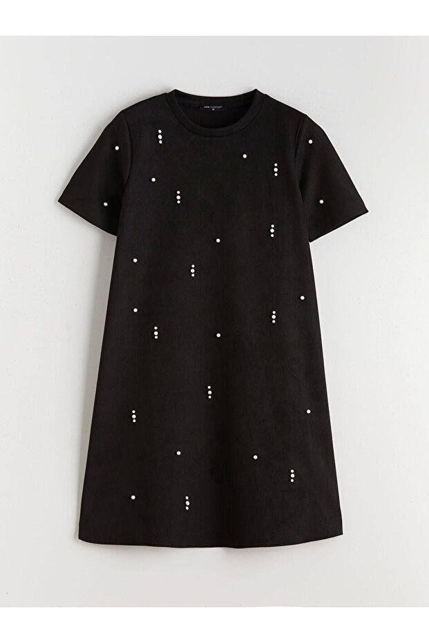 Bisiklet Yaka İnci İşlemeli Elbise - 5