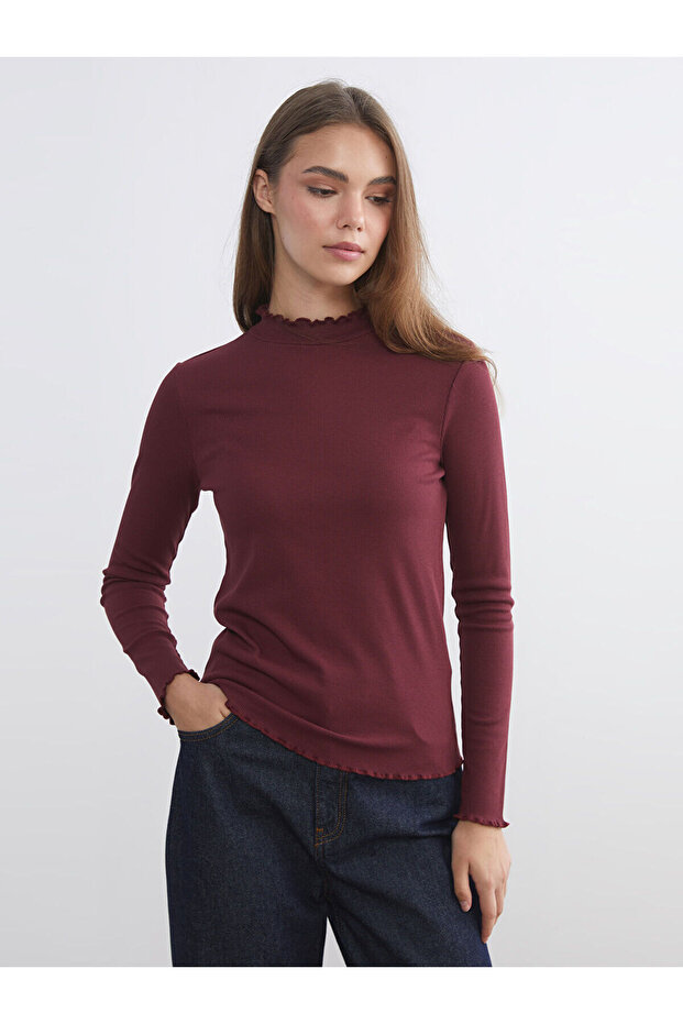 Two Mt Shop Quality Lcw Modest Burgundy Camisole Plain Super Skinny & Extra Slim Long Sleeve Women's Bodysuit