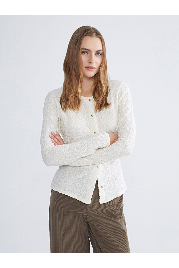 Lcwaikiki Basic Ecru Crew Neck Textured Women's Cardigan