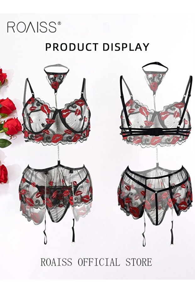 3Pcs Lip Print Pattern Lingerie Suit for Women Transparent Mesh Chain Design Underwear Set Halternec