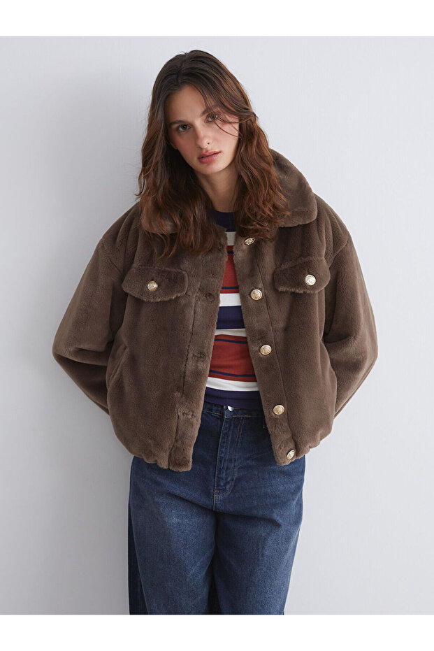 Shirt Collar Women Faux Fur Coat (W5)