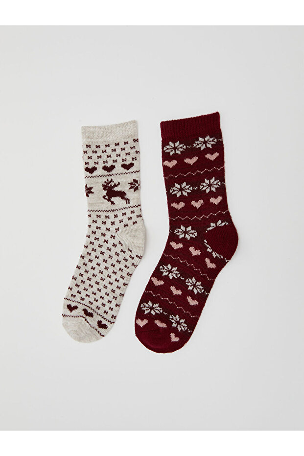 Beige Christmas Themed Women's Home Socks 2-Pack