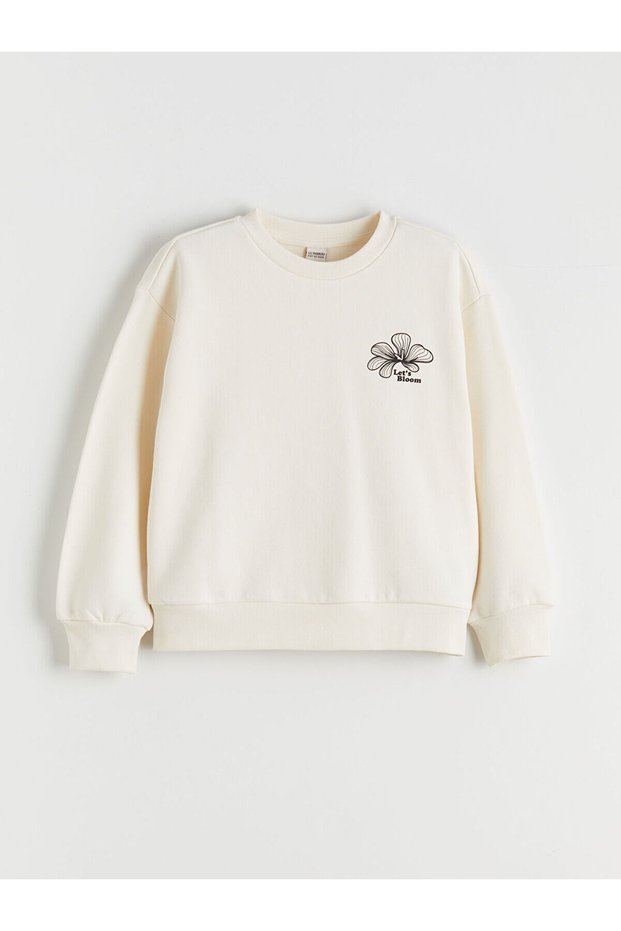 Lcw Kids Ecru Crew Neck Floral Girls' Sweatshirt