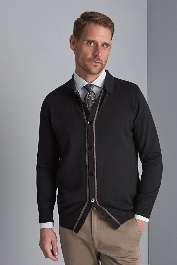 Black Standard Fit Slim Fit Buttoned Plain Long Sleeve Knitwear Cardigan