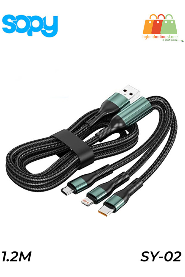كابل SY-02 3 في 1 USB إلى Type-C وMicro وLightning 6A فائق السرعة بطول 1.2 متر مضفر من النايلون