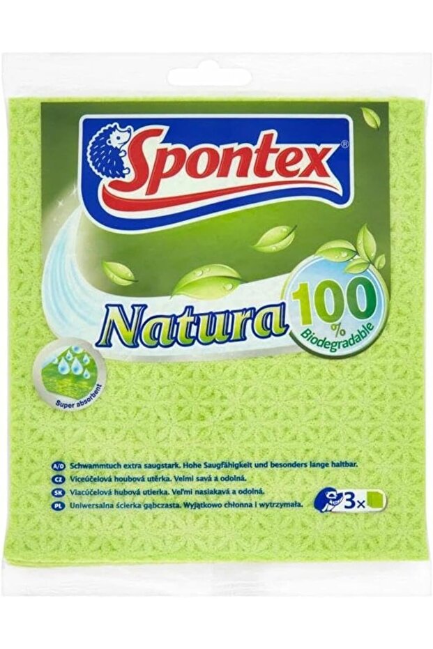 Natura Sponge Cloths, 100% Biodegradable, Highly Absorbent & Durable, Green - 3 Pieces