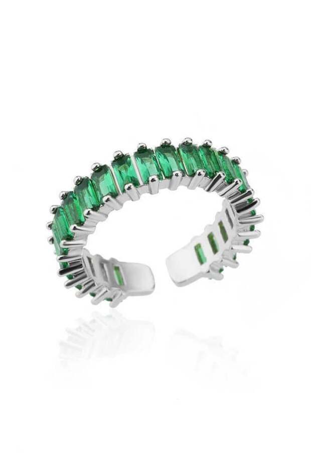 Silver Color Green Stone Detailed Adjustable Steel Ring