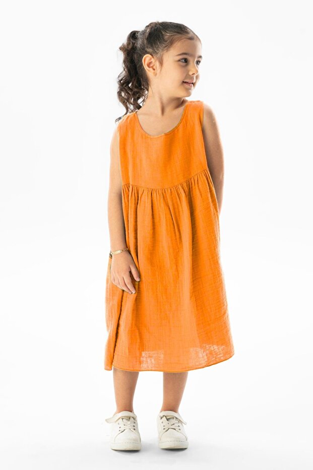 Sleeveless Wise Summer Muslin Children's Dress Orange Trnc